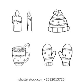 Warm winter mittens and a hat, hot chocolate and candles. Vector illustration of Christmas doodle icons. 