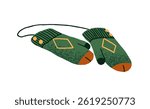 Warm winter mittens with string for hanging. Knitted autumn gloves pair. Fall accessory, cute wool clothes. Cozy garment for December. Flat isolated hand drawn vector illustration on white background