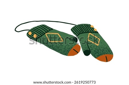 Warm winter mittens with string for hanging. Knitted autumn gloves pair. Fall accessory, cute wool clothes. Cozy garment for December. Flat isolated hand drawn vector illustration on white background