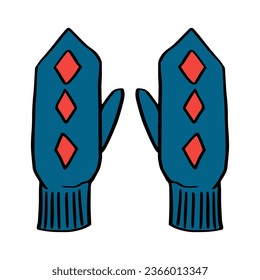 Warm winter mittens with traditional patterns. Warm winter gloves and mittens. Cute woolen or knitted gloves for cold frosty weather isolated on white background. Cartoon flat vector illustration
