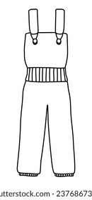 Warm winter overalls for snowboarding or skiing, feather pants, doodle style flat vector outline
