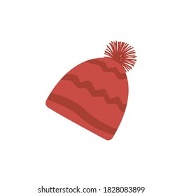 Sombrero rojo cálido de invierno con pompa. Cómodos jinetes para el tiempo frío. Ilustración vectorial plana aislada. Clipart beanie navidad color