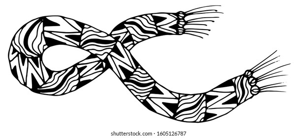 Warm winter scarf in doodle style. Vector illustration of a knitted scarf artistically decorated with doodle patterns, in the style of an adult tribal zentangle, for coloring