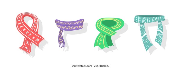 Warm winter scarf illustration flat style colorful vector clothing accessory isolated neck woolen shawl fashion cold autumn beauty design concept graphic icon logo background

