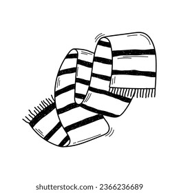 Warm winter scarf sketch. Vector black and white illustration of striped knitted scarf in doodle style isolated on white background