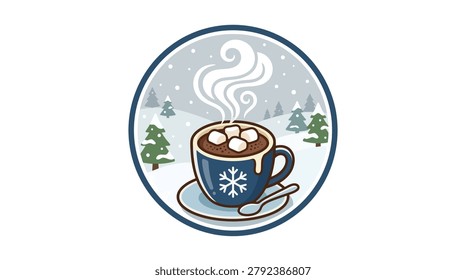 Warm winter scene with hot chocolate in a mug surrounded by snow