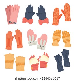 Warm winter set of gloves and mittens. Cute multi-colored wool or knitted gloves for cold and frosty weather. Vector illustration.

