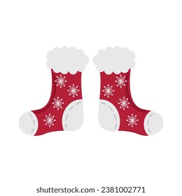 Warm winter socks on a white background. Red cozy socks for winter. Christmas knitted wool socks. Vector illustration of warm clothes.