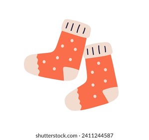 Warm winter socks pair. Cozy soft wool feet wearing. Knitted woolen accessory, legs garment for cold season. Cute Christmas foot clothes. Flat vector illustration isolated on white background