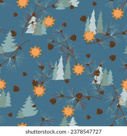 Warm winter sun and the warm colors of orange, yellow, blue, greens and browns give the pine boughs and branches, the pinecones and pine trees and the sun an extra warm glow creating a vector design.