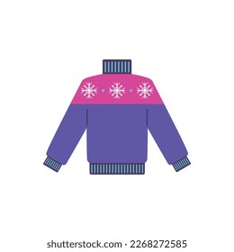 Warm winter sweater, flat vector illustration isolated on white background. Knitwear holiday jumper. Cute Christmas sweater. Clothes for winter sports, skiing and snowboarding.