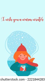 warm winter vector flat illustration young girl with a cup of coffee blue background