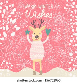 Warm winter wishes. Bright concept card with cute funny deer in vector. Cartoon childish background in pink colors