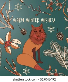 Warm winter wishes card of cute cartoon fox in modern simple flat style. Vector illustration. Christmas card.
