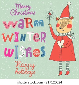 Warmer Winter wünscht Karte in Vektorgrafik. Fröhlicher Weihnachtshintergrund. Funny Cartoon Bär auf Urlaubskonzept Tapete