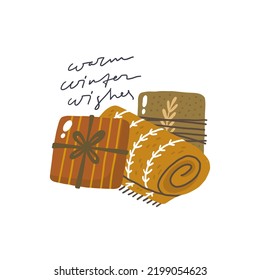 Warm winter wishes. Christmas card with gifts and rug. Hand drawn illustration in cartoon style. Cute concept for xmas. Illustration for the design postcard, textiles, apparel, decor