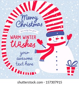 Warm winter wishes concept card. Funny snowman with gifts in bright colors in vector