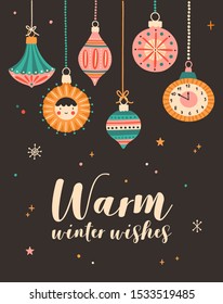 Warm winter wishes greeting cards vector template. Xmas postcard, new year poster design with holiday congratulations. Various christmas tree decorations flat illustration with typography.