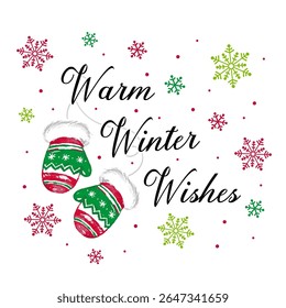 Warm Winter Wishes Text and Christmas Gloves With Snowflakes Isolated Pattern- Christmas Isolated Vector Illustration