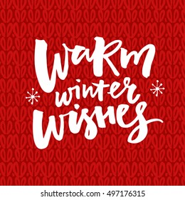 Warm Winter Wishes Text On Red Knitted Background. Christmas Greeting Card With Brush Lettering