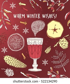 Warm winter wishes vector card of mulled wine. Glass, cardamom, lemon. Vintage style. 