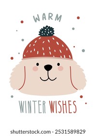 Warm Winter Wishes Vector Illustration - Cute Dog in Winter Hat