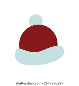 Warm winter wool hat with a pompom. Doodle cartoon style. Winter hat with bubo, winter clothes. Flat vector illustration for winter sports, active games, events.