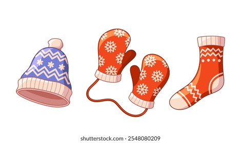 Warm winter woolen hat, mittens outwear and knitted sock footwear accessories Christmas design