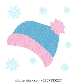 Warm winter Woolen Hat with ornament. Vector illustration isolated on white. Flat style Protective and warm Clothing, object for holiday decoration. Design art blue and pink Cap. 