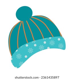 Warm winter Woolen Hat with ornament. Vector illustration isolated on white. Flat style Protective and warm Clothing, Element for Seasonal decoration. Design art blue and orange Cap.