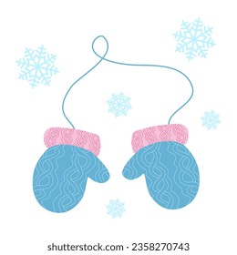 Warm winter Woolen Mittens with ornament. Vector illustration isolated on white. Flat style Protective and warm Clothing, object for holiday decoration. Design art blue and pink Gloves. 