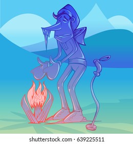 Warm winter.Vector character of a mountain skier is warmed by the fire in the mountains. Skiing . Winter sports. Alpine skier