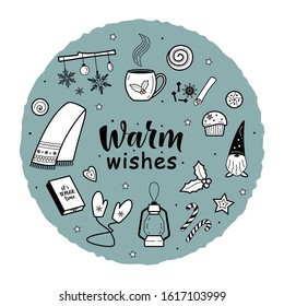 Warm wishes. Big set of hygge and christmas elements. Circle design. For greeting cards, posters, interior design, stickers and seasonal design. Winter Holiday vector