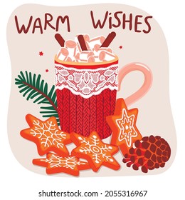 Warm wishes card with a cup of cocoa, cookies with icing sugar, pine cone and spruce branch. Winter drink with marshmallows and cinnamon sticks.Flat cartoon vector illustration.