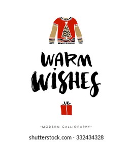 Warm wishes. Christmas calligraphy. Handwritten modern brush lettering. Hand drawn design elements.