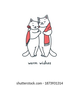 Warm Wishes. Cute cat couple in love wearing the scarf. Doodle illustration isolated on white background. Vector 10 EPS.