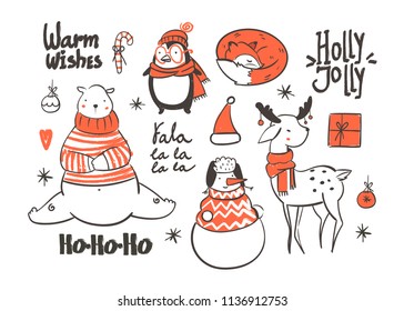 Warm wishes. Cute christmas animals. Graphic vector set. All elements are isolated