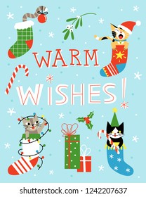 Warm wishes.  Cute greeting card with cats in socks.