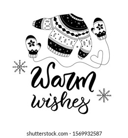 Warm wishes elegant lettering with cozy winter doodles. Postcard for Christmas or New Year celebration in vector on white background.