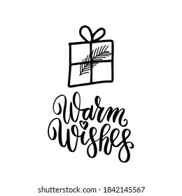 Warm wishes with evergreen Christmas tree and gift. Cozy winter doodle elements. Christmas and New Year clipart hand drawn illustration. Vector set.