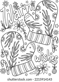 Warm wishes font with winter gloves and flower element. Hand drawn with inspiration word. Doodles art for Christmas or greeting card. Coloring book for adults and kids.