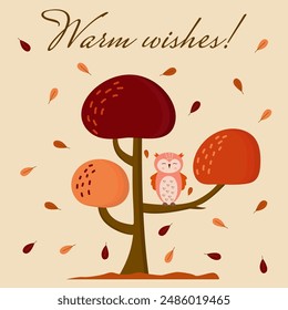 Warm Wishes Hand drawn lettering with autumn tree, owl and falling leaves. Greeting card design element. Autumn banner, border, congratulation