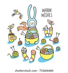 Warm wishes.  Hand drawn set of cute charming bunny rabbit character and little things: basket with knitting yarn, wool sock with funny little birds, mug with hot drink and wool balls with needles.
