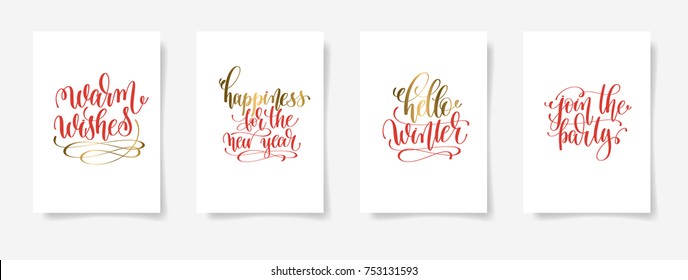 Warm Wishes, Happinness For The New Year, Hello Winter, Join The Party - Set Of Four Gold And Red Hand Lettering Posters About Winter Holiday,  Vector Illustration