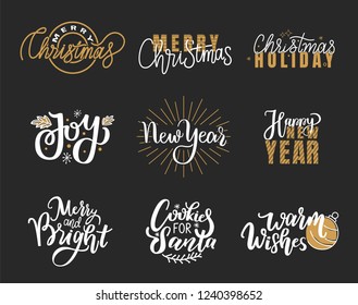 Warm wishes and happy Holidays, Merry Christmas lettering, hand drawn doodle text. Xmas typography font for greeting cards and creative postcards design, vector