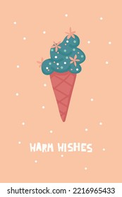 Warm Wishes, Holidays Card. Blue Ice Cream In Waffle Cone. Christmas Vector Illustration