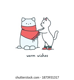 Warm Wishes. Illustration of a cute cat putting a scarf on the snowman isolated on a white background. Vector 10 EPS.