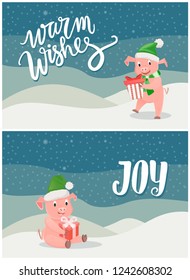 Warm wishes and joy greeting cards, piglets symbol of New Year with gift boxes, blue snowflakes. Pigs in green scarf and hat wishing Merry Christmas vector