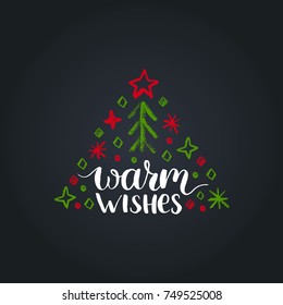 Warm Wishes lettering on black background. Vector Christmas Tree illustration. Happy Holidays greeting card, poster template.