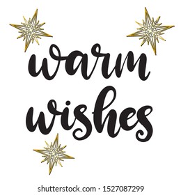 Warm wishes. Merry Christmas and happy new year lettering vector illustration with gold snowflakes. Calligraphic Inscription for december holiday for banner, greeting card, invitation, wrapping paper.